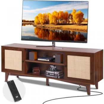 Soporte de TV Bohemio de Ratán para pantallas de hasta 75 pulgadas, Mueble con Puerta y Enchufes Integrados, Dimensiones 1677 x 397 x 636 mm