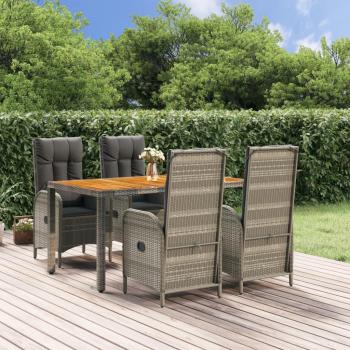 5-Piece Grey Poly Rattan Garden Dining Set with Cushions