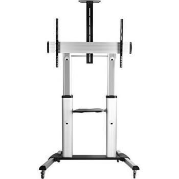 Soporte móvil de suelo para TV Ultra anchas 60-100, capacidad 100kg, con estante ajustable y VESA hasta 1000x600, color plateado