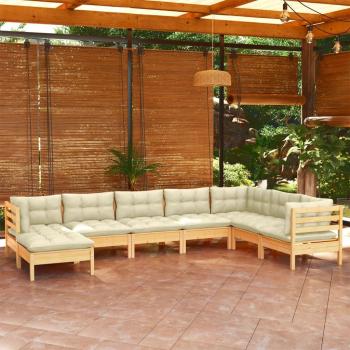 8-Piece Solid Pinewood Garden Lounge Set with Cream Cushions