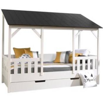 Cama Infantil Vipack con Diseño de Casa, 90 x 200 cm, Estructura Blanca y Techo Negro, Incluye Cajón de Cama, Fabricado en Europa