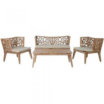 Conjunto de Mesa Rectangular con 3 Sillones Home ESPRIT Beige Natural de Teca 133 x 60 x 70 cm