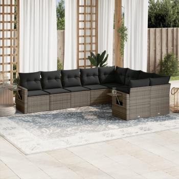 9-Piece Grey Poly Rattan Garden Sofa Set with Cushions