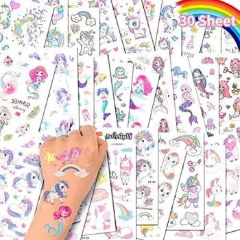 ACWOO Tatuajes Temporales, 30 Hojas Unicornio y Sirena Dibujos Animados Falso Pegatinas de Tatuaje, 350+ Diseños Tatuajes Temporales Impermeables para Niñas Niños Regalos de Fiesta Cumpleaños