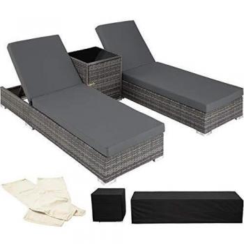 Tumbonas de Poliratán y Aluminio con Mesa Auxiliar - Juego de Muebles para Interiores y Exteriores, Ajustables en 5 Posiciones, Incluye Tuercas de Acero Inoxidable y Espacio para