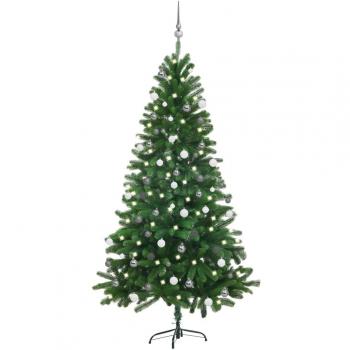 Árbol de Navidad artificial preiluminado con luces LED y bolas verde 180 cm