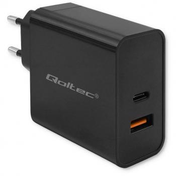 Cargador PD Súper Rápido Qoltec 52381 | 1xUSB-C | 1xUSB | 90W | 5-20V | 2,4-4,35A | Negro