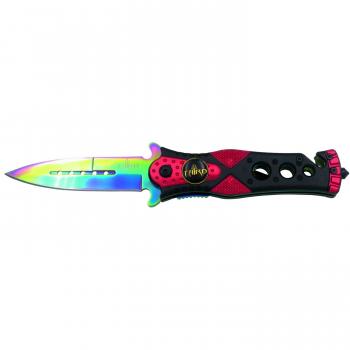 Navaja de seguridad Third K2775W con mango de Aluminio Rojo/Negro y hoja de Acero 420 de 10.1 cm, incluye cutter para cinturón de seguridad y punta rompevidrio