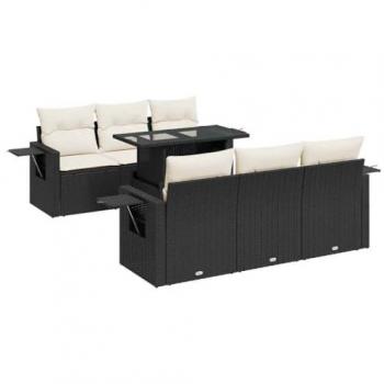 7-Piece Black Poly Rattan Garden Sofa Set with Cushions