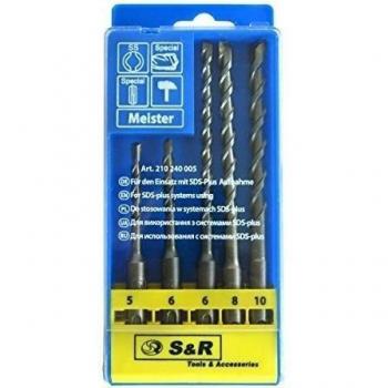 S&R Brocas SDS Plus Pared Hormigón, Set Brocas SDS Plus 5 piezas: 5, 6 x 110 mm; 6, 8, 10 x 160 mm para el hormigón, el granito, Piedra. En caja de plástico