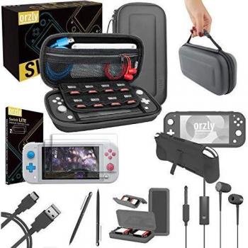 Orzly Paquete de Accesorios para Nintendo Switch Lite – Incluye: Protectores de Pantalla & Funda para Switch Lite Consola, Funda Comfort Grip, Cable USB, Auriculares y más.