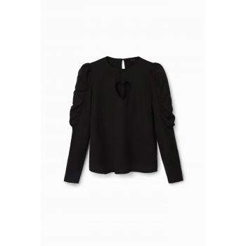 Heart Puff Sleeve Blouse - Black Long Sleeve Women's Top with Contrast Details