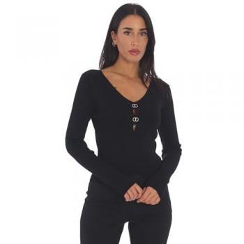 Black V-Neck Twinset Top with Drop Openings, Size S