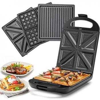 Sandwichera 3 en 1 Taylor Swoden Bruno - Gofrera y máquina de Panini 1200W, Color Negro, Libre de BPA