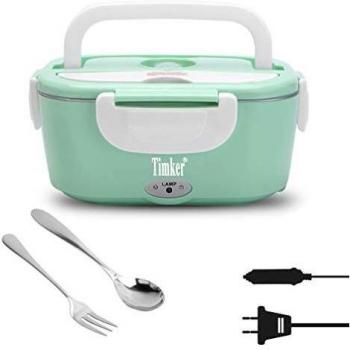 Timker 12V 24V 220V Fiambrera Electrica 3 in 1 para Coche/Camión y Trabajo Termo Comida 40W con Dos Compartimentos Bandeja Extraíble de Acero 304 Inoxidable Portátil 1.5L-304 Tenedor y Cuchara