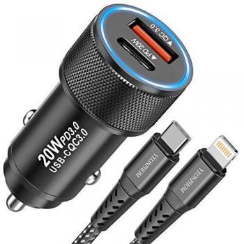 YEONPHOM 20W Cargador Coche USB C Carga Rapido para iPhone 12 Pro Max/Mini/11/XS MAX/XR/X/8 Plus/SE,2 Puertos PD&QC 3.0 USB Adaptador Cargador movil de Coche Tipo C con Cable USB C MFi