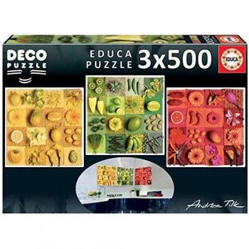 Educa Borras - Serie Deco, 3 puzzles de 500 piezas, Exotic fruits ans flowers, Andrea Tilk