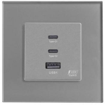 Cargador inteligente 65W USB tipo A + 2x tipo C KOOB frontal cristal gris