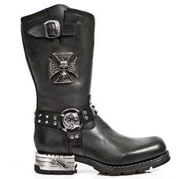 New Rock Men's Black Leather Gothic Cowboy Boots with Skull & Cross Metal Accents - MR030-S1 EU 41
