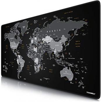 CSL - Alfombrilla de ratón XXL para gaming, Titanwolf, 900 x 400 mm, alfombrilla de ratón XXL para videojuegos, tamaño grande, mejora la precisión y la velocidad, diseño de mapa del mundo, color negro