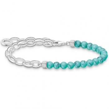 THOMAS SABO Silver Link & Synthetic Turquoise Beaded Charm Bracelet A2098-404-17-L19, Thomas Sabo Charm Club Turquoise Pearls Bracelet A2098-404-17 - Size 19cm - Sterling Silver