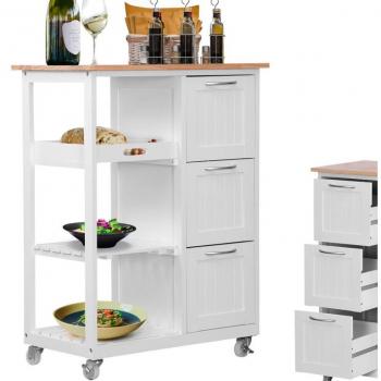 Isla de cocina de madera Miadomodo, 3 cajones y 3 estantes abiertos, bandeja extraíble, color blanco, dimensiones 67x37x87,5 cm