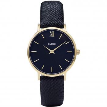 Reloj analógico Cluse Minuit 33mm con esfera negra y correa de cuero azul, caja metálica, movimiento de cuarzo para mujer