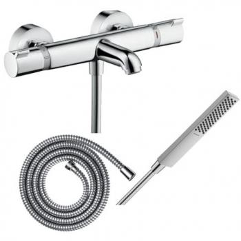 Pack mezclador termostático para baño-ducha Hansgrohe Ecostat Comfort + flexo Metaflex 160 cm + rociador Pulsify E 100 EcoSmart cromado