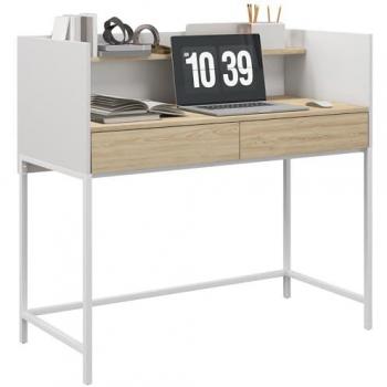 Escritorio Moderno HOMCOM con 2 Cajones y Estante, Mesa de Estudio para Oficina y Dormitorio, Dimensiones: 106x51,5x102,5 cm, Color Blanco y Roble