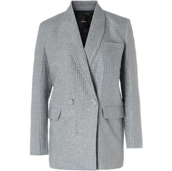 Pinko Women's Gray Oversized Double-Breasted Blazer with Rhinestone Details, Size 38