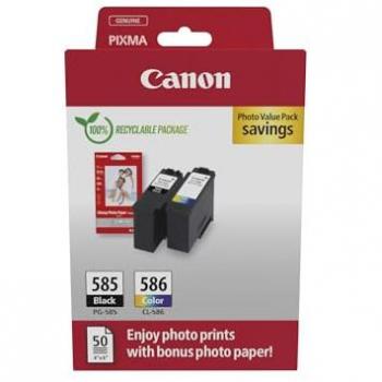 Pack de Valor Canon PG-585/CL-586: 2 Cartuchos de Tinta (Negro, Cian, Magenta, Amarillo) + 50 Hojas de Papel Fotográfico 10x15 cm