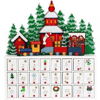 Calendario de Adviento de Madera Reutilizable con 24 Cajones - Paisaje Navideño Sostenible