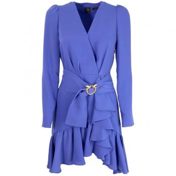 PINKO Blue Polyester Dress with Belt, Size 2XS, V-Neck Party Dress with Love Birds Buckle