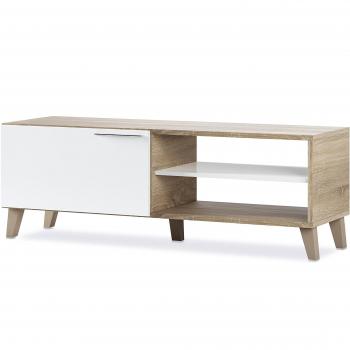 Mueble de Comedor Moderno, Mueble Salon TV, Modelo Nara, Acabado en Blanco Brillo y Roble Canadian, Medidas: 130 cm