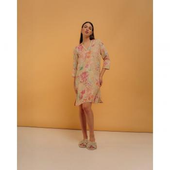 Vestido Estampado Floral Manga 3/4 Cuello Redondo Escote Pico Lino Mujer