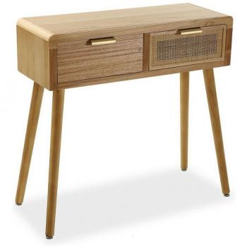 Mesa de entrada Versa con 2 cajones en madera natural y rattán, medidas 80 cm largo x 30 cm fondo x 78 cm alto, fabricada en madera de paulonia y MDF