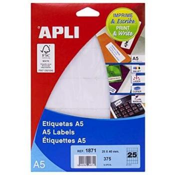 APLI 1871 - Etiquetas A5 blancas 25,0 x 40,0 mm 15 hojas