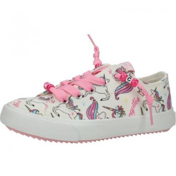 Zapatillas de niña CONGUITOS blancas con lonas de unicornio, cordones rosa, deportivas de verano