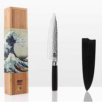 Cuchillo de Chef Gyuto Kotai 20 cm con Saya y Caja de Bambú - Acero Inoxidable Ultra Afilado y Mango Pakkawood Martillado