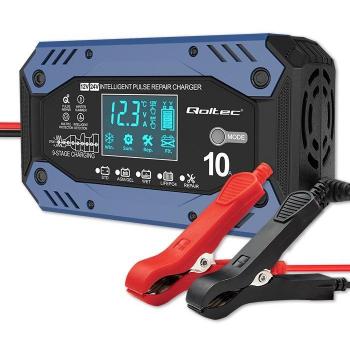 Cargador inteligente Qoltec 52482 para baterías STD AGM GEL LiFePO4 con función de reparación, voltaje de 12-24V, corriente de 10A, pantalla LCD y carga en 9 etapas