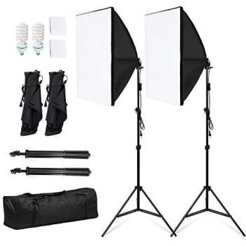 Softbox, 2 Kit Iluminacion Fotografia 50x70 cm, 2x135W 5500K Bombilla, Softbox Kit con Trípode Plegable y Bolsa de Transporte, para Fotografía de Moda, Retrato, Productos Comerciales y Video