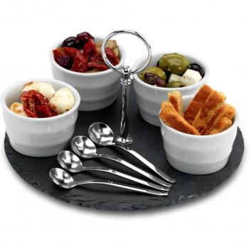 Commichef Natural tapas bandeja asas de acero inoxidable con 4 ollas y 4 cucharas de porcelana, pizarra, juego de 9