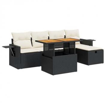 6-Piece Black Poly Rattan Garden Sofa Set with Cushions
