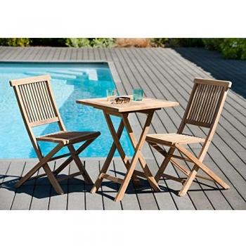 Conjunto de jardín MACABANE - Mesa cuadrada plegable de 60 cm y 2 sillas de madera de teca para 2 personas