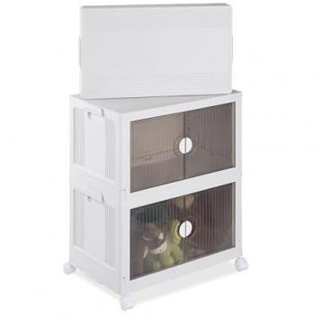 Cajas de Plástico Plegables Relaxdays, Pack de 3, Almacenaje Apilable, 74 L, con Puerta, para Guardar Ropa o Juguetes, Color Blanco, Dimensiones: 34 x