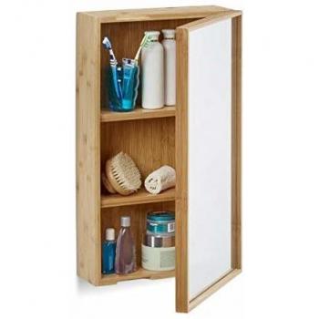 Armario Espejo de Baño en Bambú Natural 35 x 14 x 60,5 cm con Puerta y Montaje en Pared
