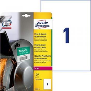 ETIQUETAS DE SEGURIDAD AVERY L7917-10 - Paquete de 10 hojas de etiquetas adhesivas de polietileno flexible, tamaño 210 x 297 mm, color blanco