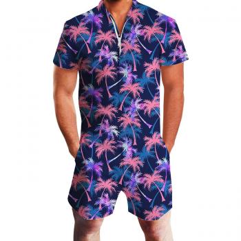 Goodstoworld Mameluco Jumpsuit Hombre 3D Gráfico Impreso Zip Up Mono Camisa de Grandad Verano Onesies XXL Hawaiian Plam Tree