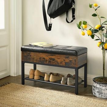 Banco de Zapatos Acolchado con Estante - Cuero Sintético, Marco de Acero, Estilo Industrial, Ideal para Pasillo y Sala de Estar, Marrón Rústico y Negro