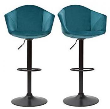 Set de 2 taburetes de cocina ajustables 360º de terciopelo azul petróleo y metal TAYA